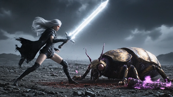 Silver-haired, red-eyed girl striking a massive golden beetle on a stormy battlefield with purple flames bursting from the wound.