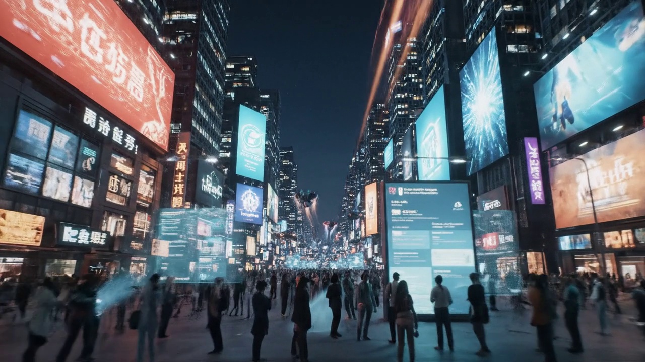 Nighttime futuristic city street with neon lights