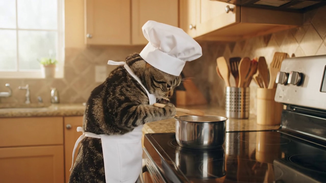 Chef cat cooking in a kitchen